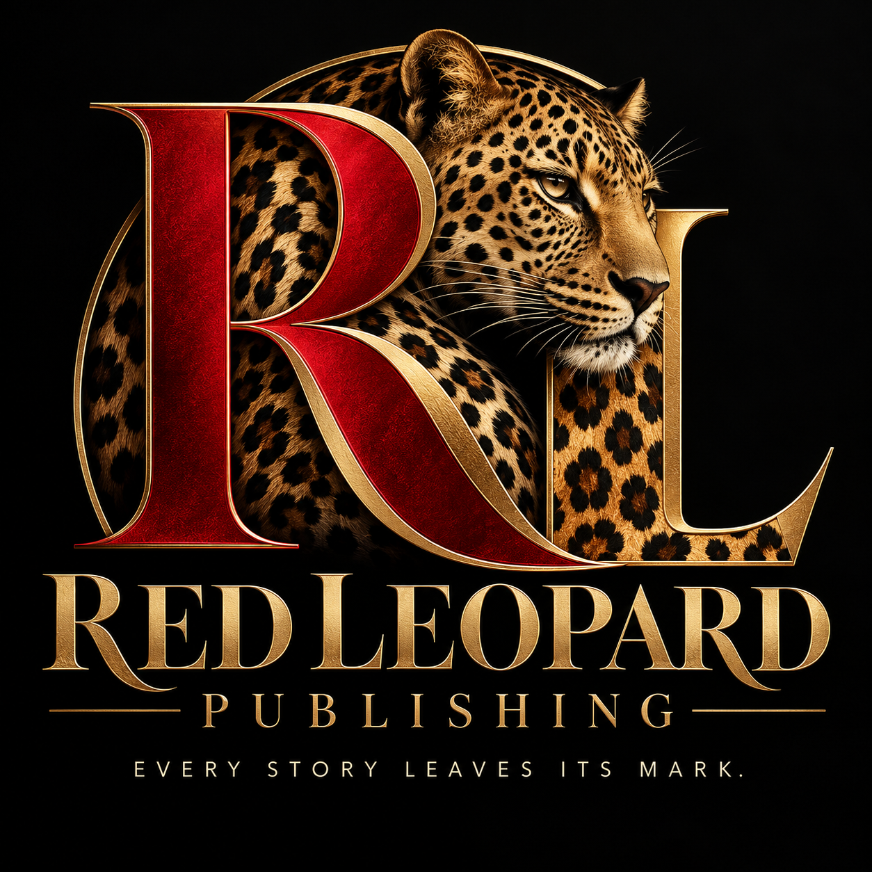 Red Leopard Publishing: red and gold RL initials with a leopard emblem