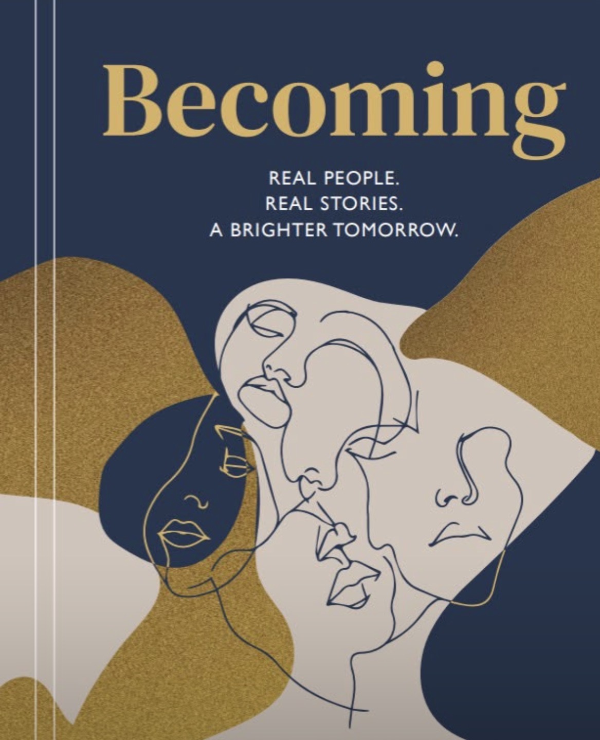 Becoming book cover, navy and gold with illustrated faces